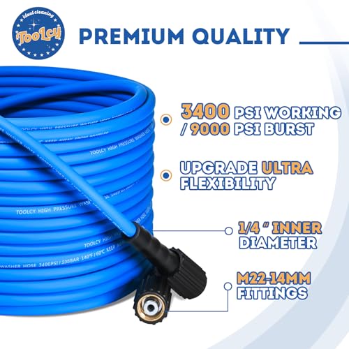 TOOLCY Super Flexible Pressure Washer Hose 30ft, 3400 PSI Kink Resistant Power Washer Hose 1/4 in., Replacement Power Wash Hose with M22 and 3/8" Quick Connection Kit for Gas & Electric - Image 2