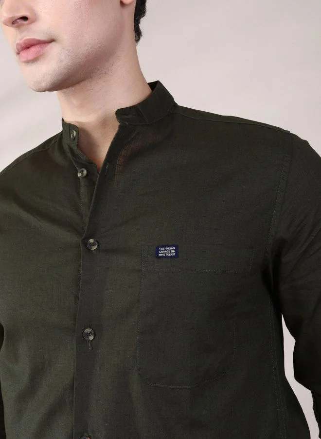 The Indian Garage Co Men Slim Fit Solid Full Sleeves Mandarin Collar Casual Shirt