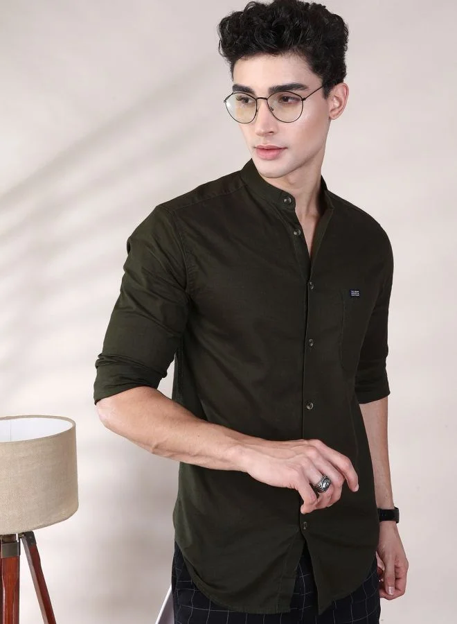 The Indian Garage Co Men Slim Fit Solid Full Sleeves Mandarin Collar Casual Shirt