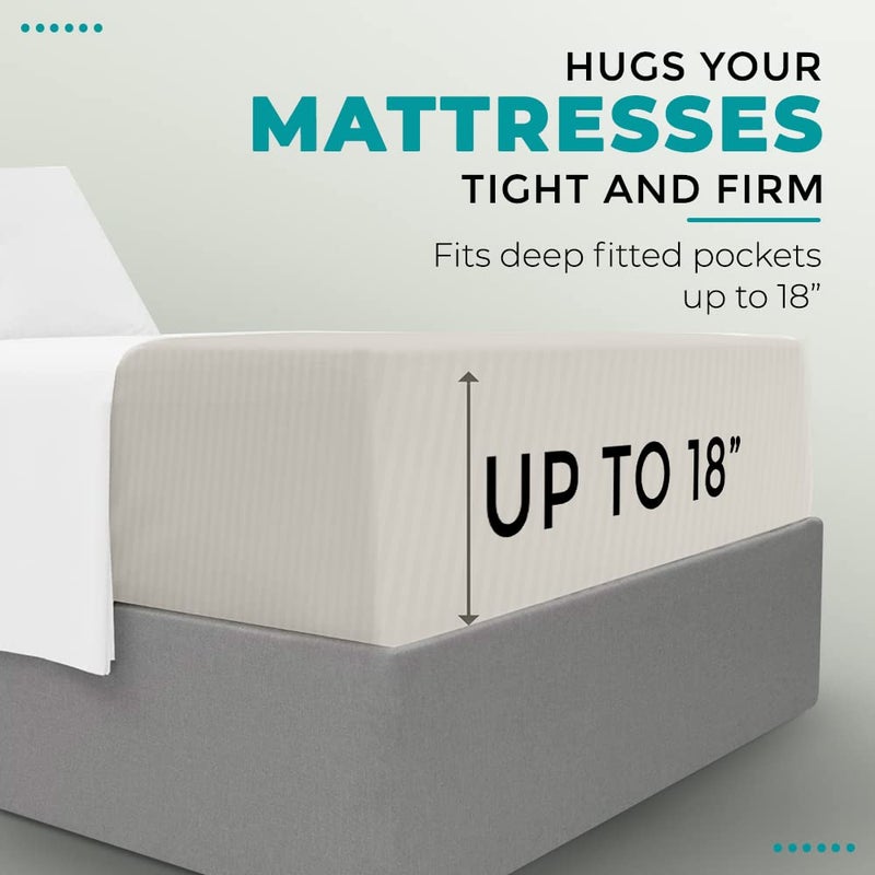 FEATHER & STITCH NEW Feather & Stitch 100% Cotton 1 Piece Damask Stripe King Fitted Sheet 500 Thread Count Beige 18 Inch Extra Deep Pocket Luxury Sateen Weave Stretchable Boxer Elastic Fits Mattress Perfectly  - Image 4