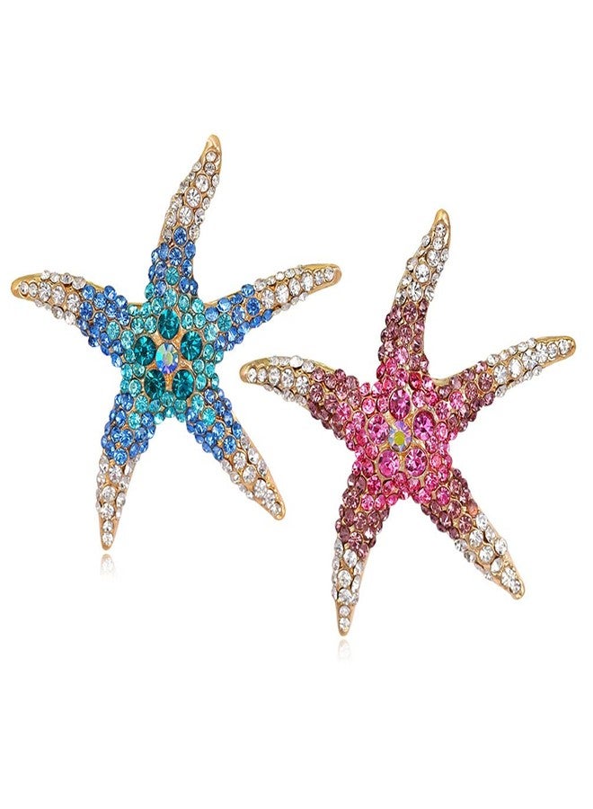 Teensery 2 Pcs Crystal Rhinestone Starfish Brooch Pin Marine Animal Brooch for Dress Hat Decorations Ornaments (Blue, Rose) - Image 1