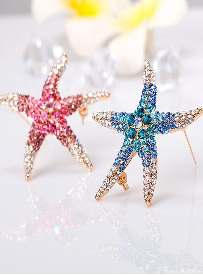 Teensery 2 Pcs Crystal Rhinestone Starfish Brooch Pin Marine Animal Brooch for Dress Hat Decorations Ornaments (Blue, Rose) - Image 3