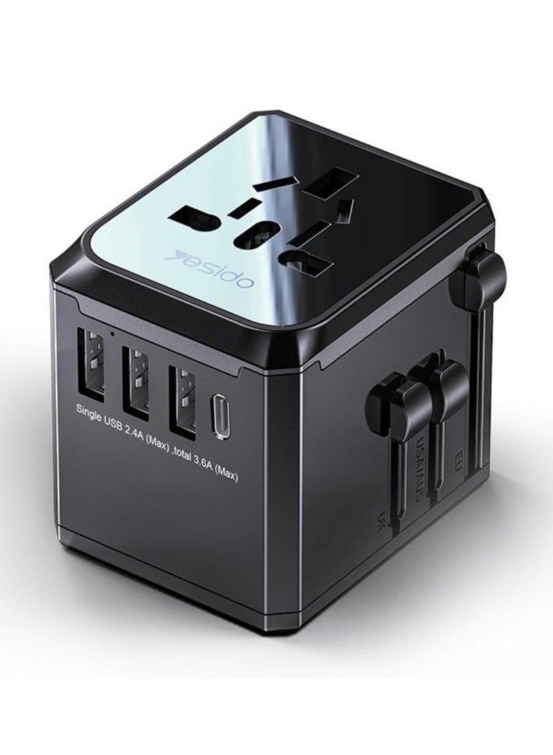 Yesido MC-10 3 USB + Type-C Ports Multi-function Universal Travel Adapter Plug (Black) - Image 1