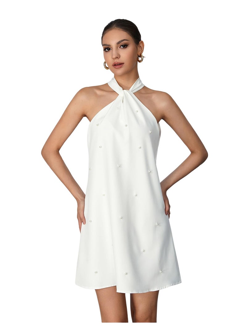 Floerns Women's Pearl Beaded Halter Twist Sleeveless Tie Back Dress A Line Dress White - Image 1