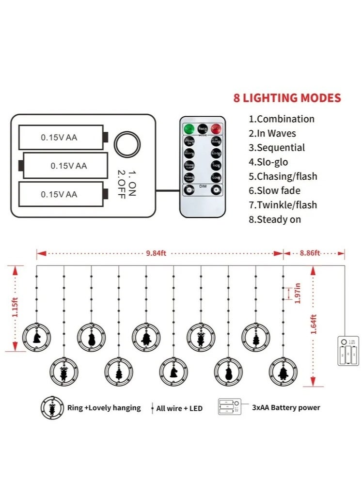 Generic - WILLED Christmas String Lights 120 LED Window Curtain Lights with Remote, Multicolor Waterproof Fairy Lights with Hanging Xmas Ornaments for Indoor Outdoor Xmas Tree Patio Garden - Image 1