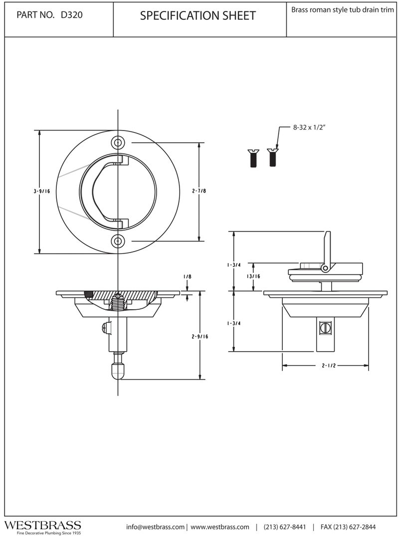 Westbrass D320-62 Roman Tub Drain Trim, 3-9/16" OD, Matte Black - Image 2