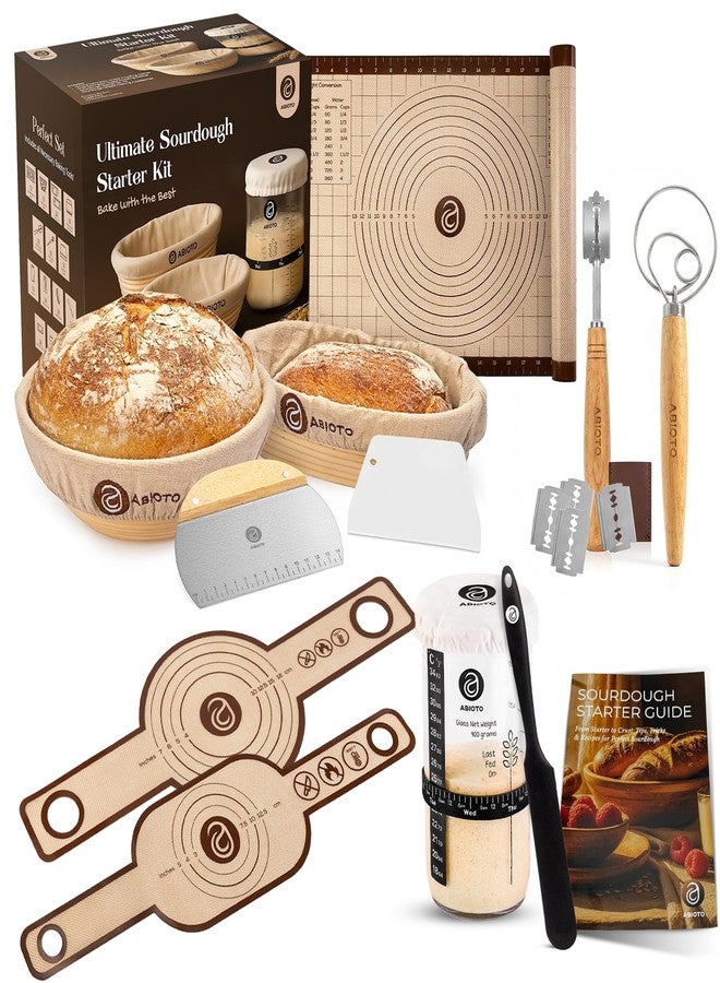 ABIOTO Sourdough Bread Baking Supplies with 24oz Starter Jar, 9" Round & 10" Oval Indonesian Rattan Baskets, Bread Lame, Danish Whish, Scrapers, Slings, and Mat - 21 Piece Sourdough Starter Kit for Beginners - Image 1