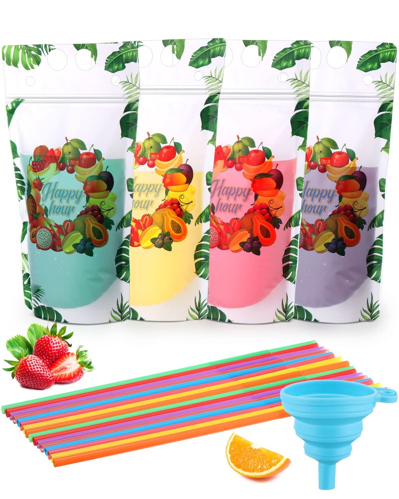 Sieral 200 Pcs Clear Drink Pouches with Straws Reclosable Zipper Stand up Plastic Pouches Bags 157 in Bottom Hand Held Translucent Disposable Container for Cold Hot DrinkFruit Style