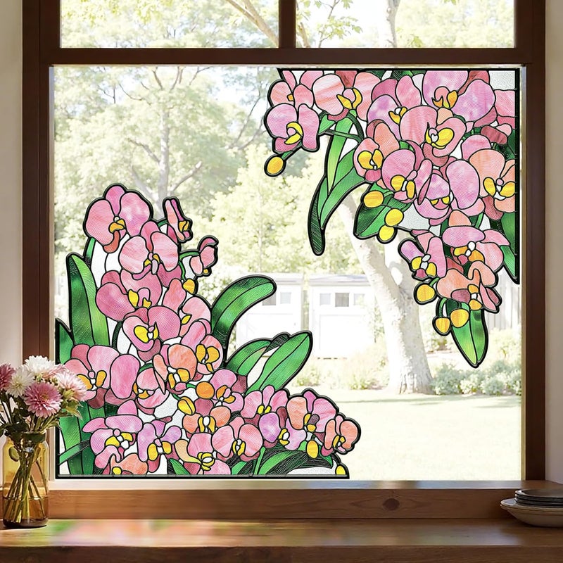 ADD.HERES Window Stickers, ‌Stained Glass Window Privacy Film, UV Blocking Static Cling for Home Kitchen Office Bathroom, Phalaenopsis, 17.7" X 31.5" - Image 1