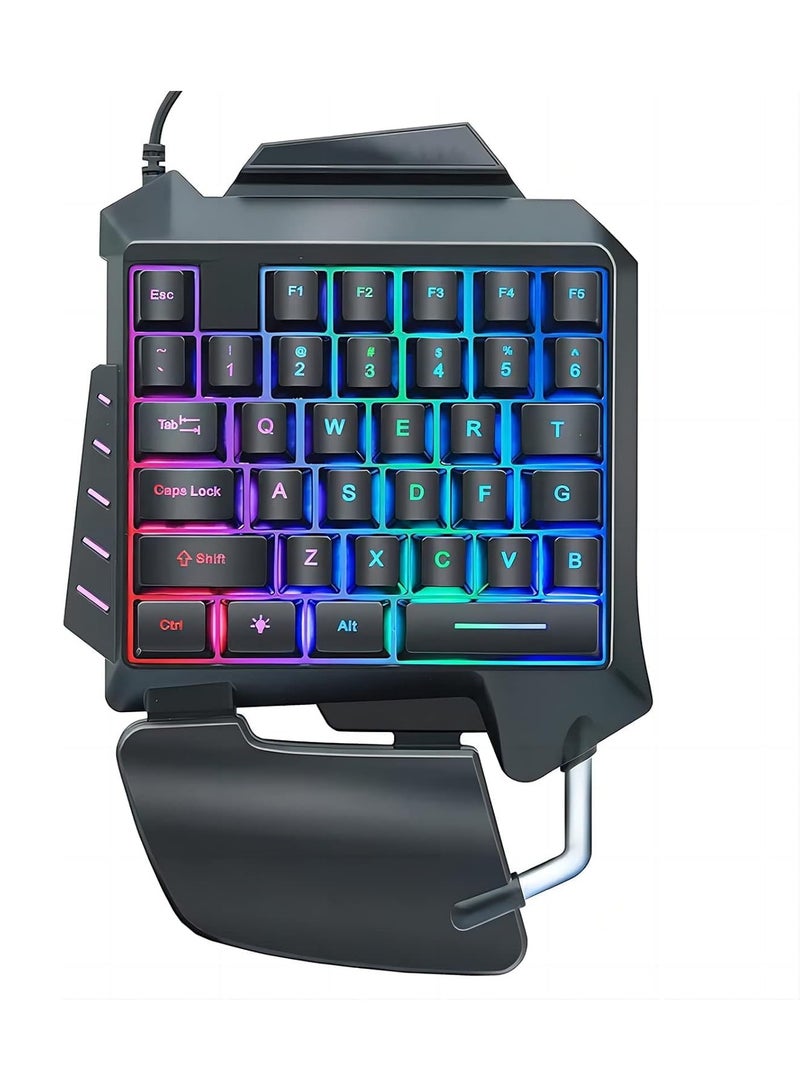 لوحة مفاتيح ألعاب بيد واحدة، مزودة بإضاءة خلفية RGB و35 مفتاحًا، لوحة مفاتيح ألعاب صغيرة محمولة، وحدة تحكم ألعاب ميكانيكية مريحة بمسند للمعصم، لأجهزة الكمبيوتر، PS4، PS5، Xbox Gamer (أسود) - Image 1