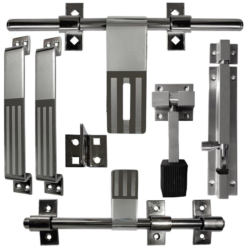 CIRCLE Stainless Steel Door Accessories SetMain Door kitDoor Fittings Full SetDoor Hardware Accessories KitGate HardwareDoor KUNDI1 Al Drop 1 Latch 2 Handles 1 Tower Bolt and 1 Door Stopper - Image 1