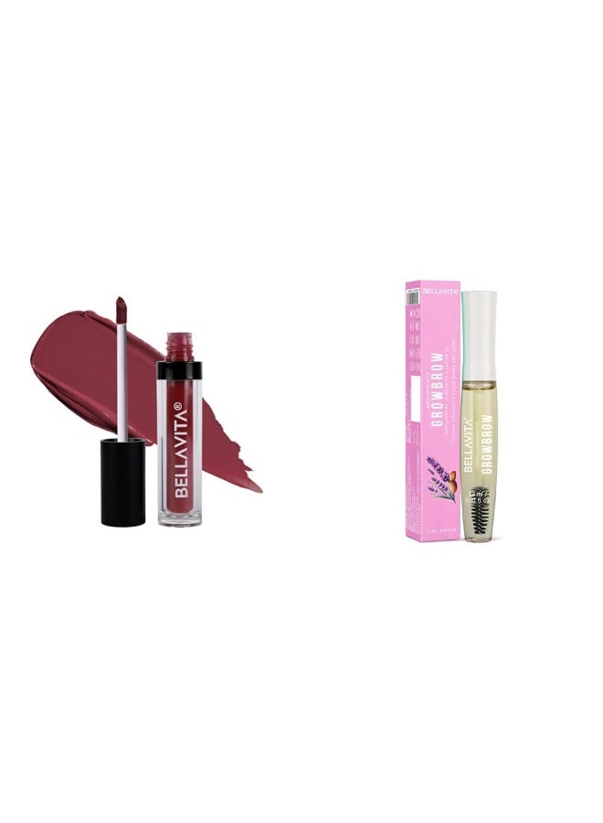 BellaVita Kiss-Proof Liquid Lipstick | 4.5 ml | Berry Nude Growbrow - Eyelash, Lashes & Eyebrows Hair Growth & Volume Serum With Castor, Onion Oil & Vitamin E, 12 ML - Image 1