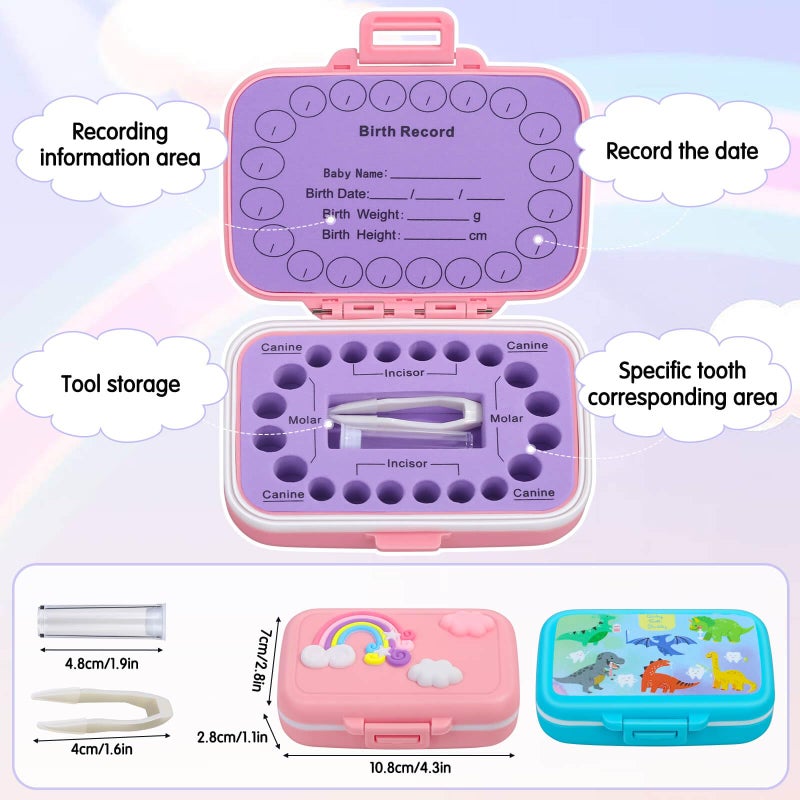 Caffox 2 Pack Tooth Holders for Kids Keepsake, Tooth Fairy Box, First Tooth Keepsake Box, Tooth Collection Container Boxes for Lost Teeth for Kids, Baby Teeth Saver Storage Case (Rainbow and Dinosaur) - Image 2