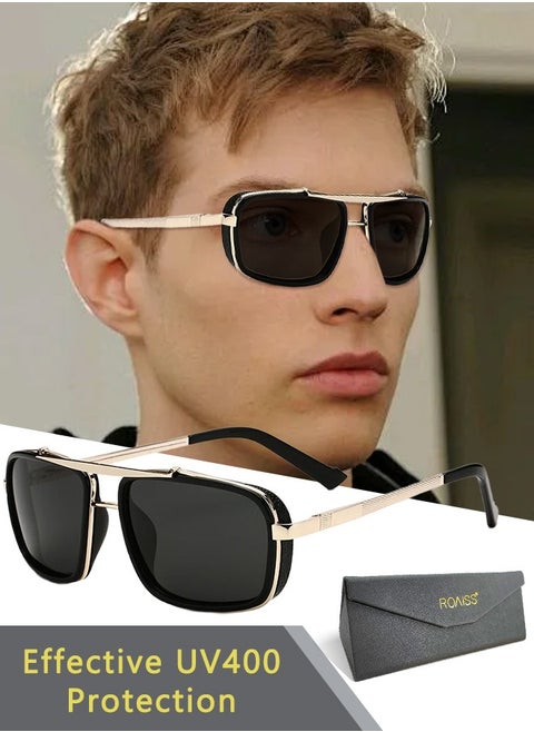 Men's Rectangular Sunglasses Polarized Lenses UV400 Protection Aluminum Magnesium Alloy Arms with Glasses Case for Shopping Driving Riding Trekking (Golden Black)