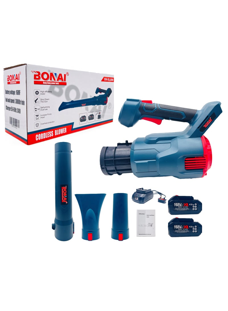 منفاخ أوراق الشجر اللاسلكي، بطارية 168 فولت 4.0 أمبير تعمل بمحرك عالي السرعة 30000 دورة في الدقيقة، سرعتان قابلتان للتعديل، منفاخ/مكنسة كهربائية مزدوجة الاستخدام، حماية من الحرارة الزائدة، بطاريتان وشاحن لتنظيف الفناء