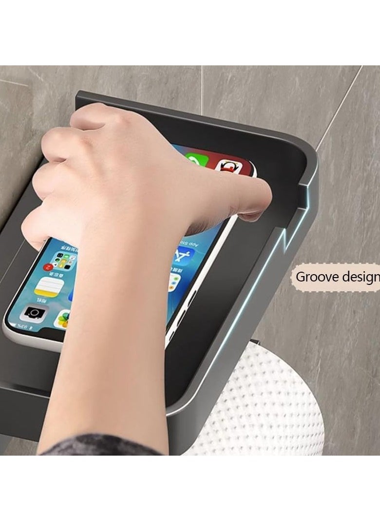 VKL Toilet Roll Holder with Phone Shelf - Multi-function Bathroom Black Toilet Paper Holder with Tissue holder Shelf for Washroom Kitchen 2 in 1 Toilet Paper Holder Wall Mounted or Self Adhesive  - Image 3