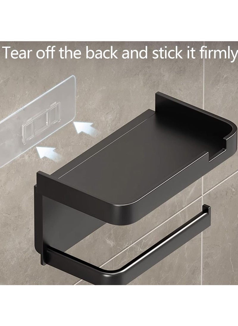 VKL Toilet Roll Holder with Phone Shelf - Multi-function Bathroom Black Toilet Paper Holder with Tissue holder Shelf for Washroom Kitchen 2 in 1 Toilet Paper Holder Wall Mounted or Self Adhesive  - Image 4