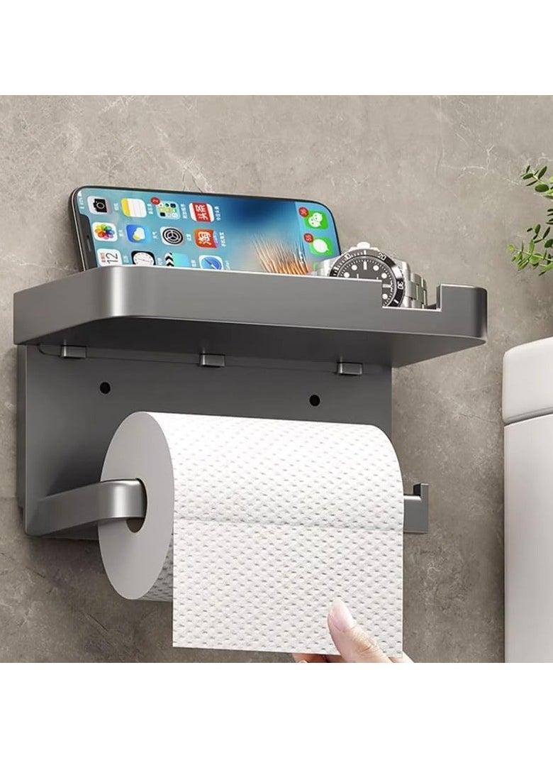 VKL Toilet Roll Holder with Phone Shelf - Multi-function Bathroom Black Toilet Paper Holder with Tissue holder Shelf for Washroom Kitchen 2 in 1 Toilet Paper Holder Wall Mounted or Self Adhesive  - Image 5
