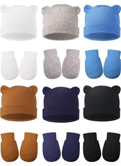Arabest Baby Fetal Cap Gloves Set, 6 Sets Newborn Cute Cotton  Hat Mittens Baby Beanie Maternity Birth Accessories (White, Grey, Blue, Black, Dark Blue, Brown)  - Image 1