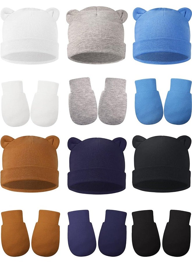 Arabest Baby Fetal Cap Gloves Set, 6 Sets Newborn Cute Cotton  Hat Mittens Baby Beanie Maternity Birth Accessories (White, Grey, Blue, Black, Dark Blue, Brown)  - Image 1