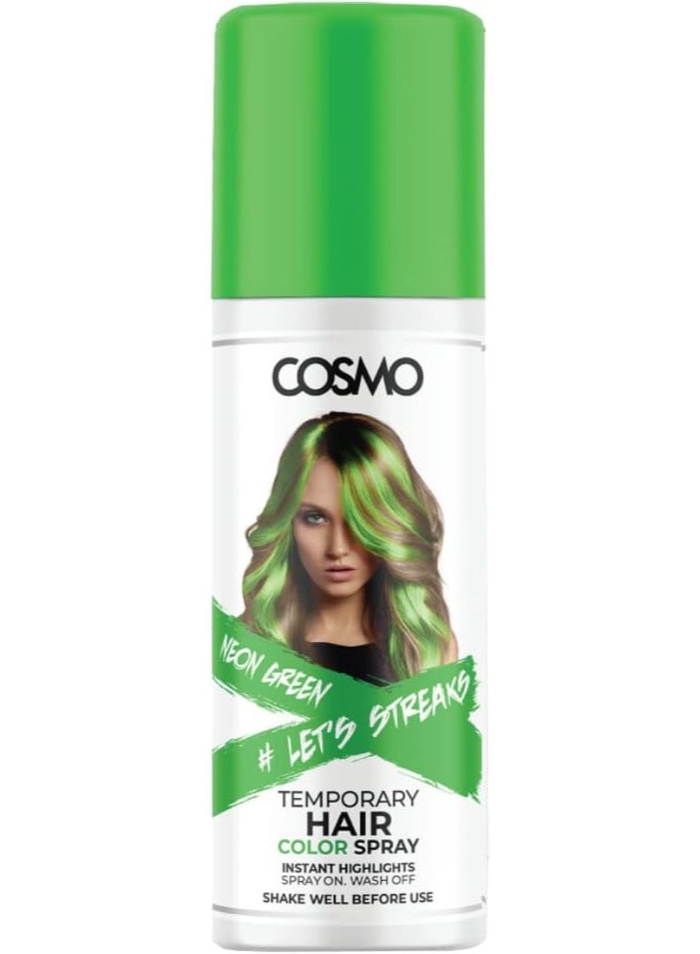 COSMO رذاذ لون الشعر النيون الأخضر المؤقت للجنسين 100 مل | مناسب لجميع أنواع الشعر | رذاذ لون | سهل الغسل | جمال | مظهر حفلات فني