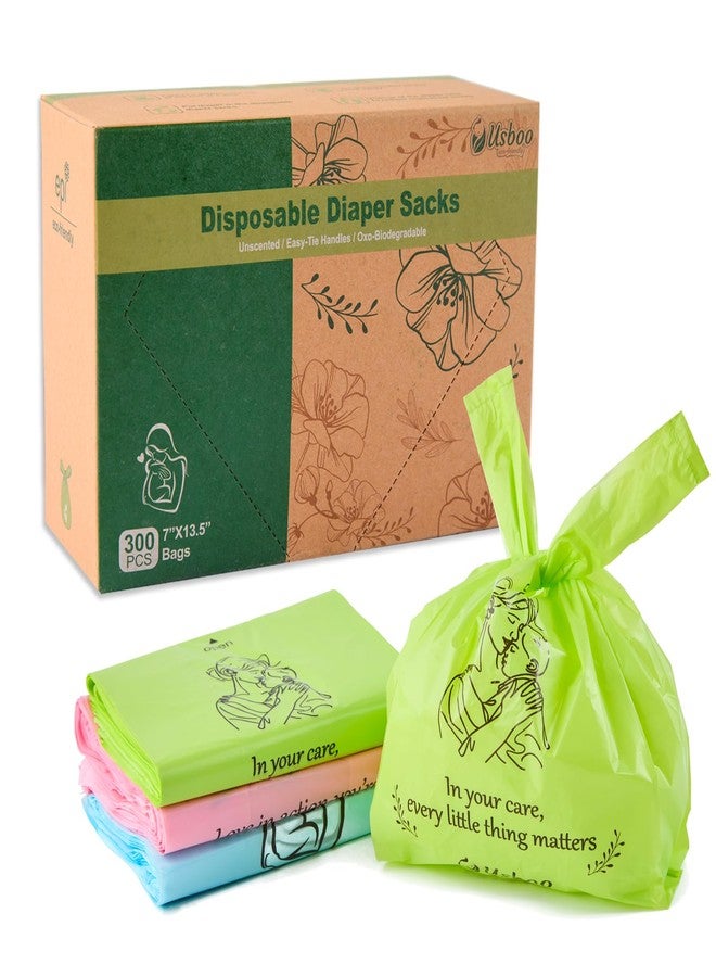 USBOO Diaper Bags Disposable for Baby, 300 Count Dirty Disposable Diaper Sacks, Easy-Tie Handles, Sanitary Napkin Disposal Bag, Diaper Disposal or Pet Waste Bags,Rainbow - Image 1