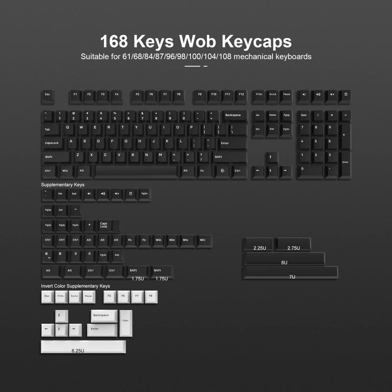 SDYZ أغطية مفاتيح XVX Wob 168 مفتاح، مجموعة أغطية مفاتيح مخصصة من PBT مزدوجة الطباعة، أغطية مفاتيح بيضاء على سوداء بأسلوب بسيط، أغطية مفاتيح بروفايل شيري لأزرار Cherry Gateron MX للوحة المفاتيح الميكانيكية - Image 2
