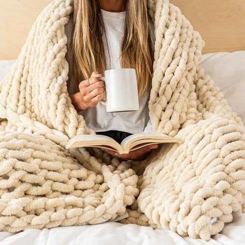 SAMIAH LUXE Chunky Knit Blanket Throw 50x70, Cream Chenille Chunky Knit Throw Blanket for Living Room Decor or Boho Decor, Thick Yarn Knitted Blankets for Couch or Bed, Cable Knitted Crochet Blankets - Image 1