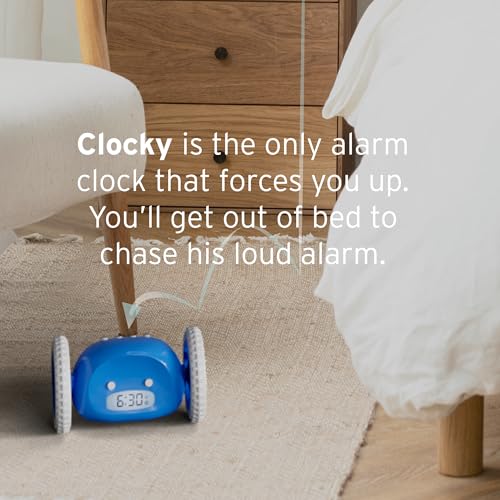 CLOCKY ساعة منبه CLOCKY عالية الصوت للذين ينامون بعمق على عجلات تتدحرج وتبتعد تهتز سهلة الإعداد ساعة منبه رقمية ذكية للغاية هدية مضحكة للبالغين والأطفال والمراهقين لغرف النوم (أزرق) - Image 3