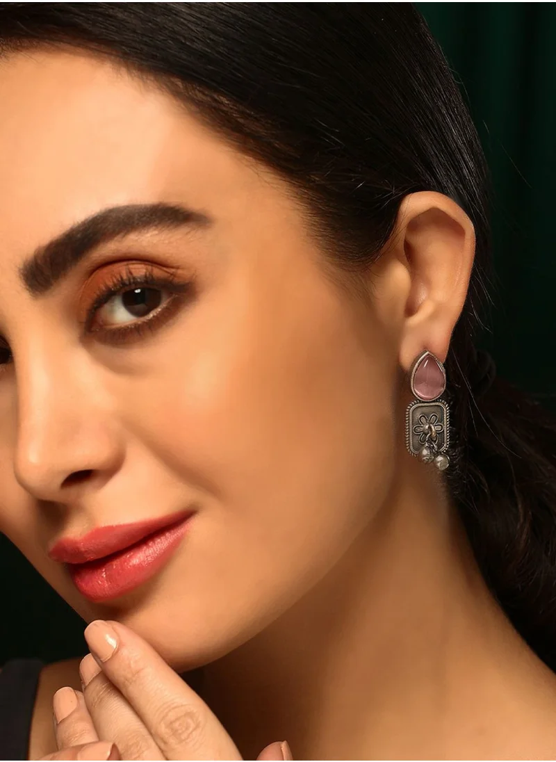 برياسي Oxidized Crystal Stone Studded Contemporary Drop Earrings