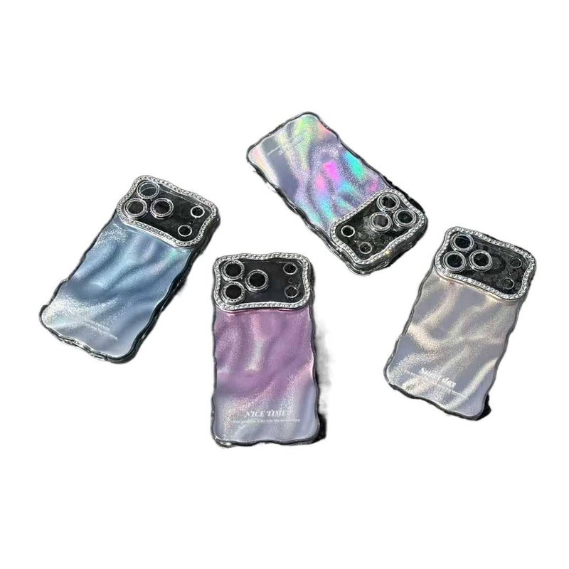 iPhone 17 Pro Max Scratch Resistant Protective PC for iPhone 17 17 Air 17 Pro 17 Pro Max with Colorful Wave Pattern and Diamond Sparkle Lens - Image 1