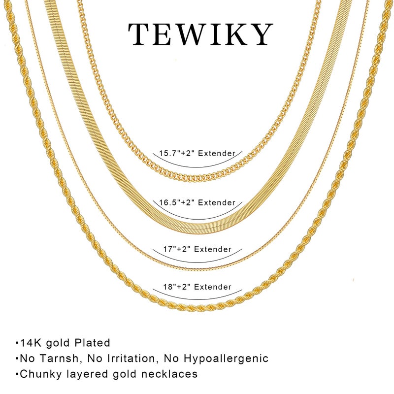 Tewiky Layered Necklaces for Women Non Tarnish- Chunky 14k Gold Plated Herringbone/Snake/Rope/Box/Cuban Link Chain for Women Waterproof Layering Stack Choker Necklace Trendy Dainty Tarnish Free Jewelry Set - Image 5