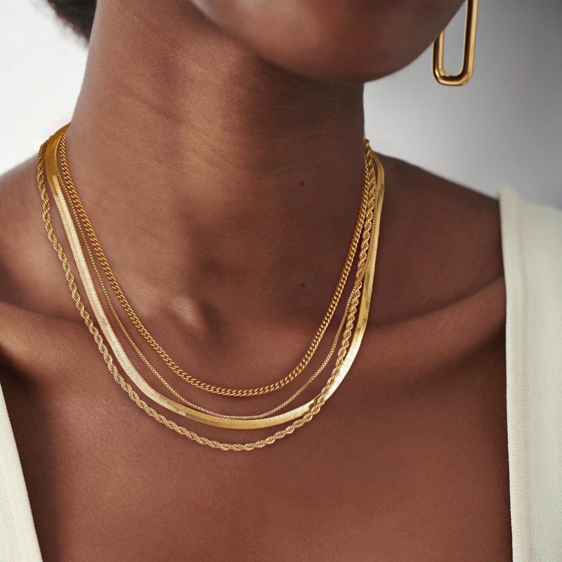 Tewiky Layered Necklaces for Women Non Tarnish- Chunky 14k Gold Plated Herringbone/Snake/Rope/Box/Cuban Link Chain for Women Waterproof Layering Stack Choker Necklace Trendy Dainty Tarnish Free Jewelry Set - Image 4