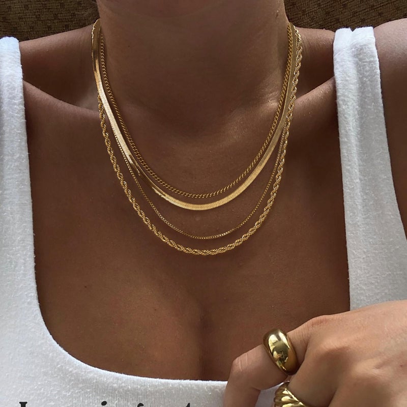 Tewiky Layered Necklaces for Women Non Tarnish- Chunky 14k Gold Plated Herringbone/Snake/Rope/Box/Cuban Link Chain for Women Waterproof Layering Stack Choker Necklace Trendy Dainty Tarnish Free Jewelry Set - Image 3