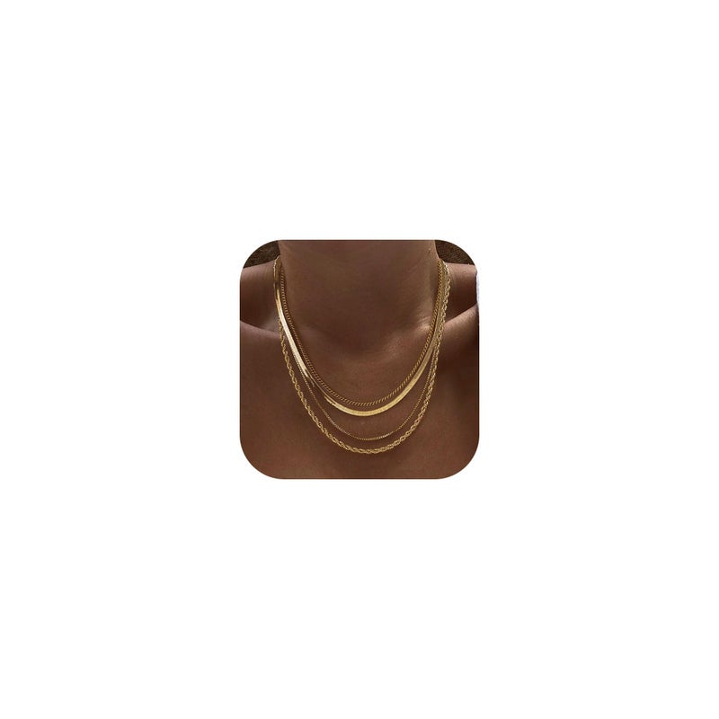 Tewiky Layered Necklaces for Women Non Tarnish- Chunky 14k Gold Plated Herringbone/Snake/Rope/Box/Cuban Link Chain for Women Waterproof Layering Stack Choker Necklace Trendy Dainty Tarnish Free Jewelry Set - Image 1