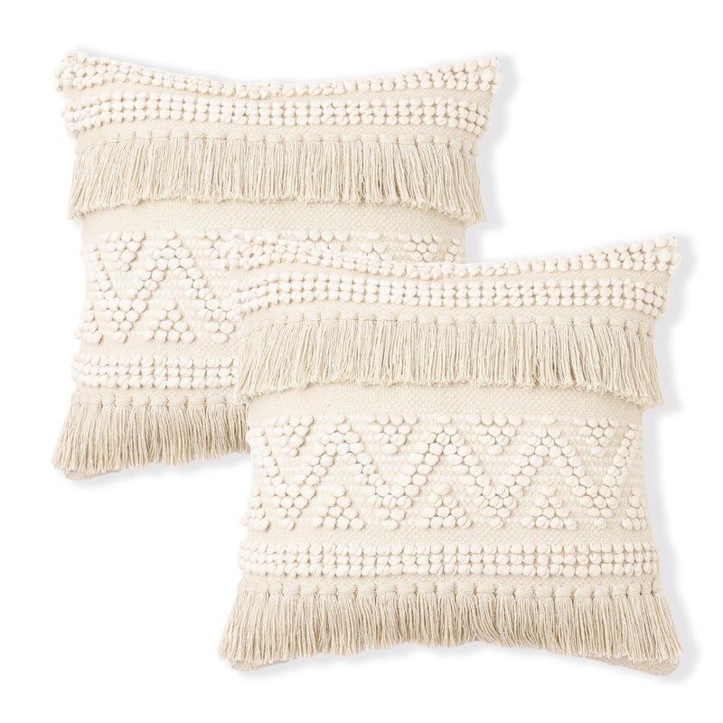 Red Earth REDEARTH Â· Boho Textured Throw Pillow Cushion Covers - Woven Tufted Decorative Farmhouse Cases Set for Couch - Bed - Chair - Dining - Patio - Outdoor - 100% Cotton (18"x18" - Natural) Pack of 2 - Image 1