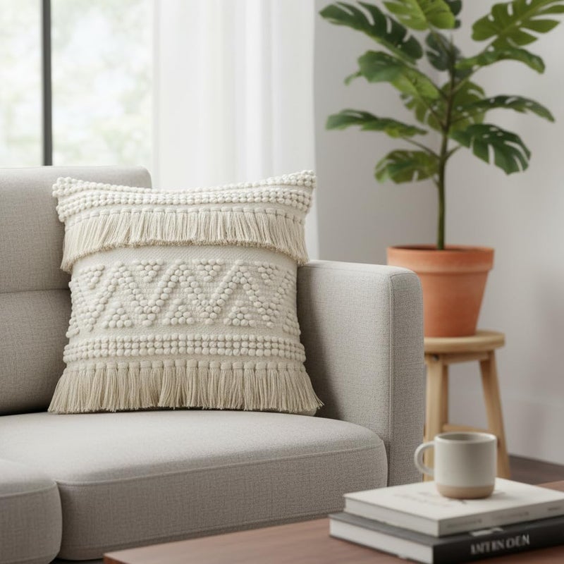 Red Earth REDEARTH Â· Boho Textured Throw Pillow Cushion Covers - Woven Tufted Decorative Farmhouse Cases Set for Couch - Bed - Chair - Dining - Patio - Outdoor - 100% Cotton (18"x18" - Natural) Pack of 2 - Image 3