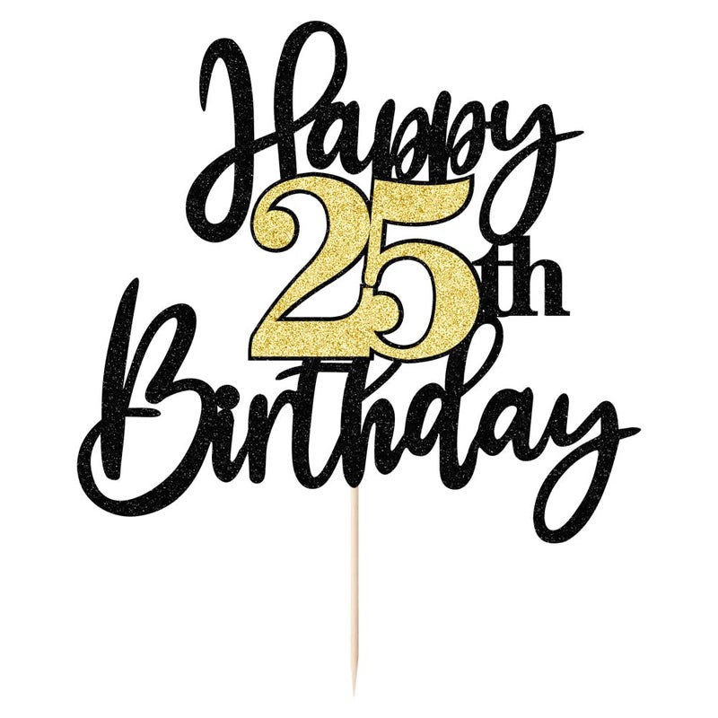 Yetxel Black Gold Glitter Happy 25th Birthday Cake Topper Happy 25 Birthday Cake Decoration for 25 & Fabulous Birthday Hello 25 Party Anniversary Party Cake Decorations Supplies - Image 2