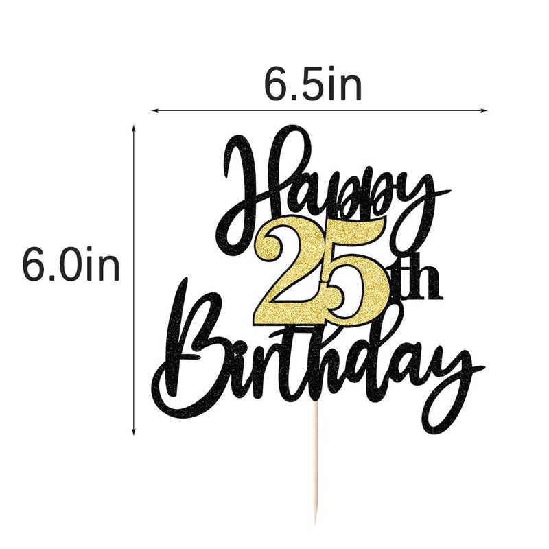 Yetxel Black Gold Glitter Happy 25th Birthday Cake Topper Happy 25 Birthday Cake Decoration for 25 & Fabulous Birthday Hello 25 Party Anniversary Party Cake Decorations Supplies - Image 3