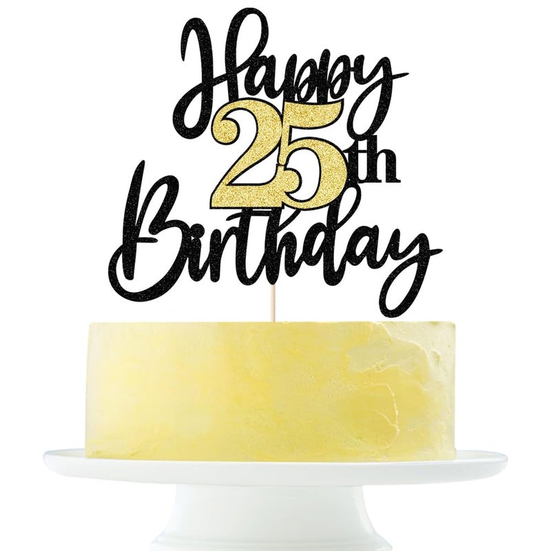 Yetxel Black Gold Glitter Happy 25th Birthday Cake Topper Happy 25 Birthday Cake Decoration for 25 & Fabulous Birthday Hello 25 Party Anniversary Party Cake Decorations Supplies - Image 1