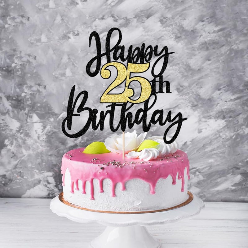 Yetxel Black Gold Glitter Happy 25th Birthday Cake Topper Happy 25 Birthday Cake Decoration for 25 & Fabulous Birthday Hello 25 Party Anniversary Party Cake Decorations Supplies - Image 4