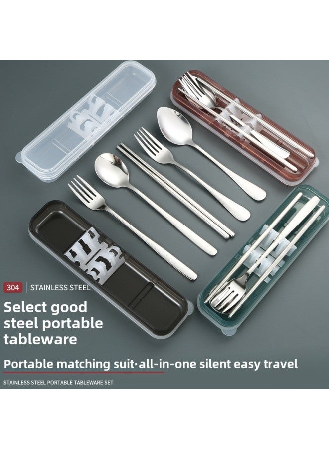 304 Stainless Steel Convenient Tableware Set Spoon Fork Chopsticks Three-piece Set Student Company Advertising Gift Box Can Be Fixed Logo-Specifications:304 Green Three-piece Set