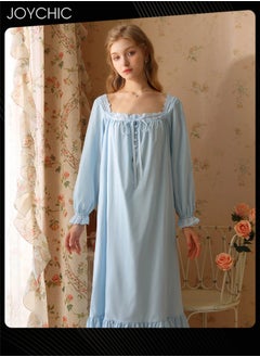 Joychic Retro French Sweet Princess Style Night Dress Long-sleeved Long Nightgown Spring Summer Autumn Cotton Breathable Sleepwear for Women Blue  - Image 1