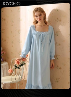 Joychic Retro French Sweet Princess Style Night Dress Long-sleeved Long Nightgown Spring Summer Autumn Cotton Breathable Sleepwear for Women Blue  - Image 2