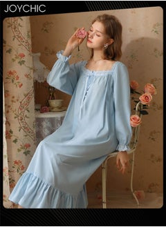 Joychic Retro French Sweet Princess Style Night Dress Long-sleeved Long Nightgown Spring Summer Autumn Cotton Breathable Sleepwear for Women Blue  - Image 3