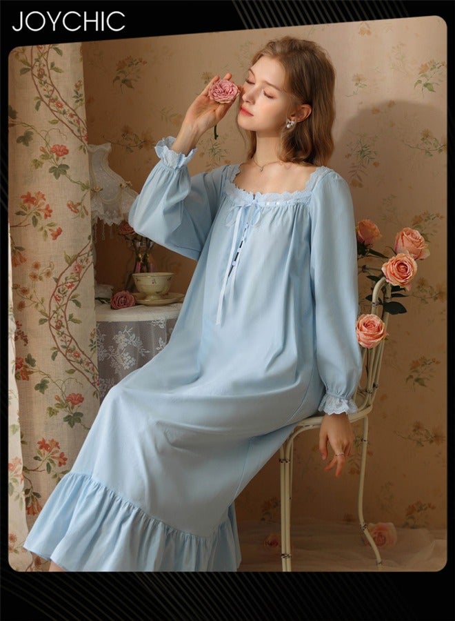 Joychic Retro French Sweet Princess Style Night Dress Long-sleeved Long Nightgown Spring Summer Autumn Cotton Breathable Sleepwear for Women Blue - Image 3
