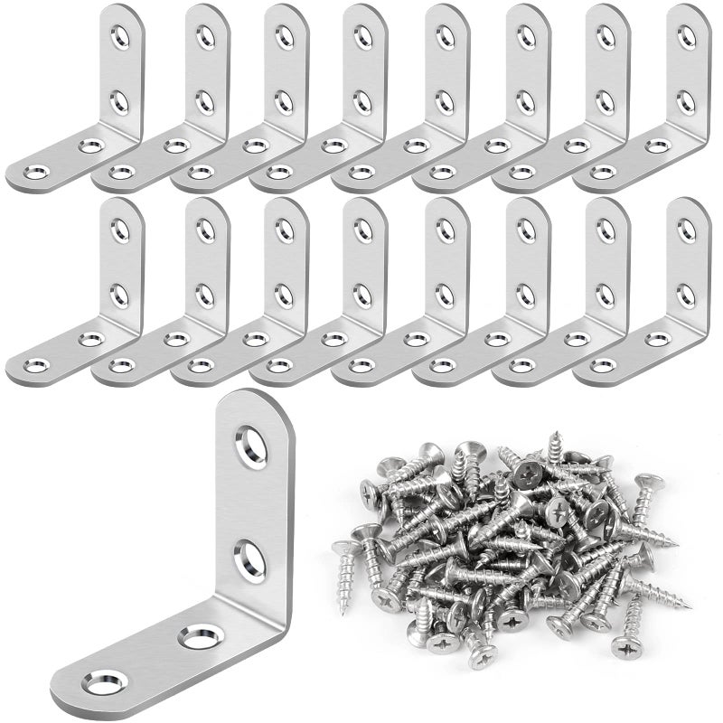 16 Pcs L Bracket Stainless Steel Corner Brace Sets 90 Degree Right Angle Brackets with 64 Pcs Screws L Bracket Firmware for Wooden Shelves Chairs Tables Dressers Furniture Silver