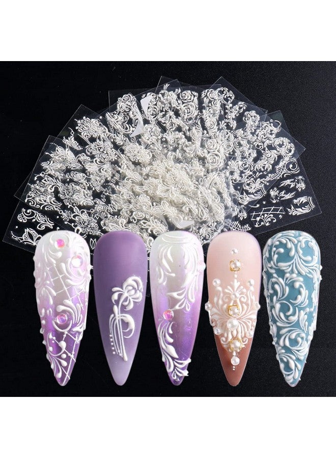 Charmark French Nail Art Sticker Decals 5D Embossed French Pattern Roses White Nail Art Accessories Selfadhesive Nail Art Supplies Decoration Retro Classic Acrylic Nails Design 8 Sheets - Image 1