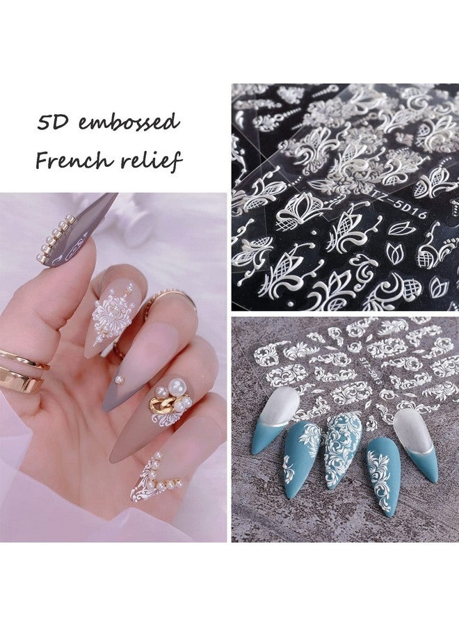 Charmark French Nail Art Sticker Decals 5D Embossed French Pattern Roses White Nail Art Accessories Selfadhesive Nail Art Supplies Decoration Retro Classic Acrylic Nails Design 8 Sheets - Image 2