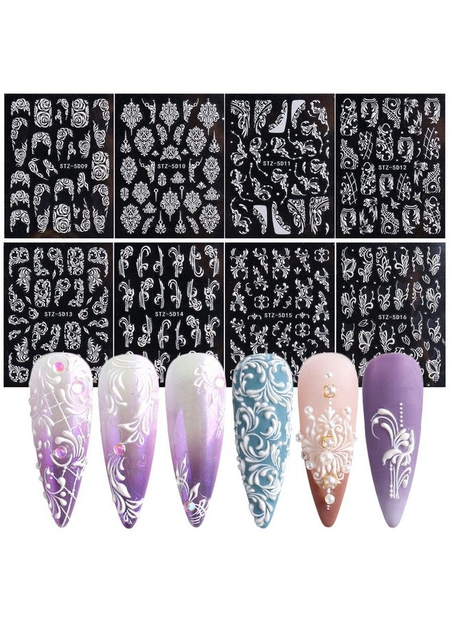 Charmark French Nail Art Sticker Decals 5D Embossed French Pattern Roses White Nail Art Accessories Selfadhesive Nail Art Supplies Decoration Retro Classic Acrylic Nails Design 8 Sheets - Image 3